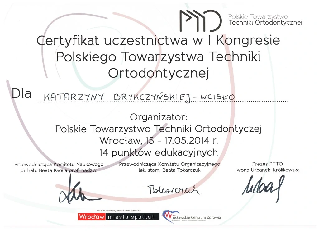 Dyplom I Kongres Polskiego Towarzystwa Techniki Ortodontycznej