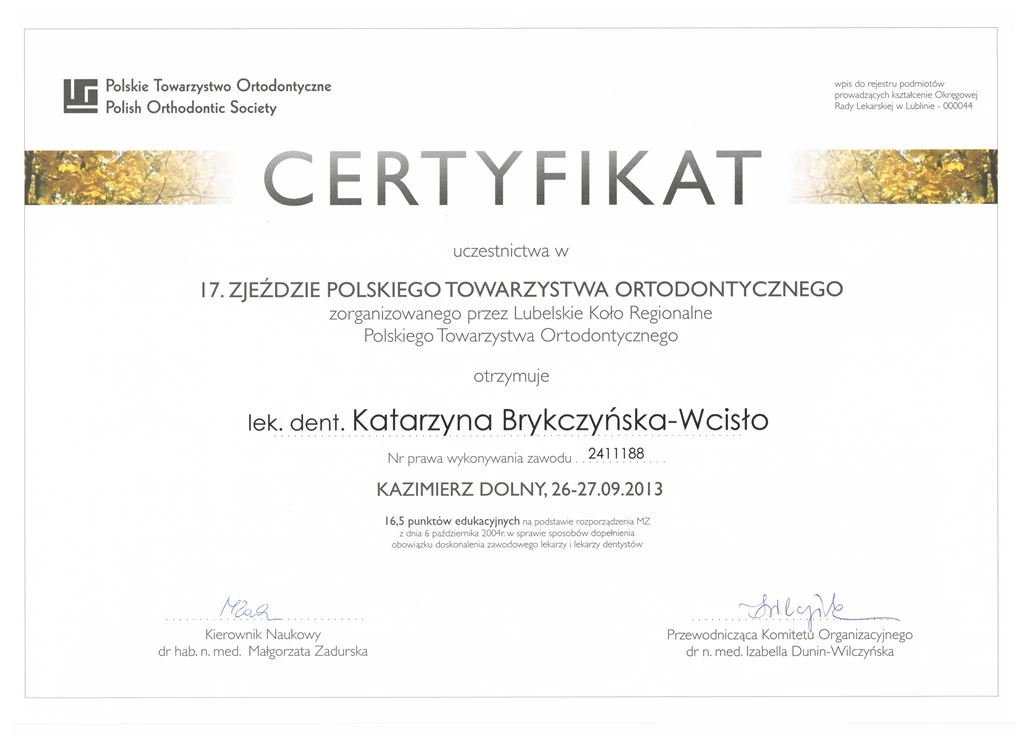 Dyplom 17 Zjazd Polskiego Towarzystwa Ortodontycznego