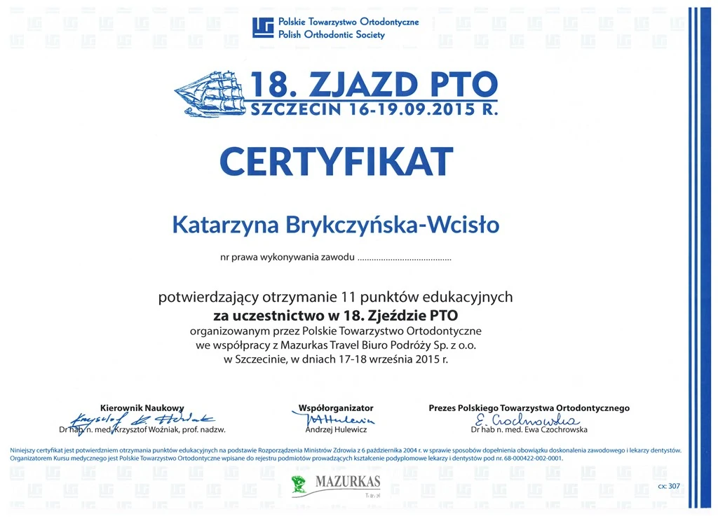 Dyplom 18 Zjazd Polskiego Towarzystwa Ortodontycznego