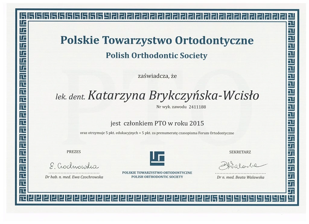 Zaświadczenie o członkostwie w Polskim Towarzystwie Ortodontycznym 2015
